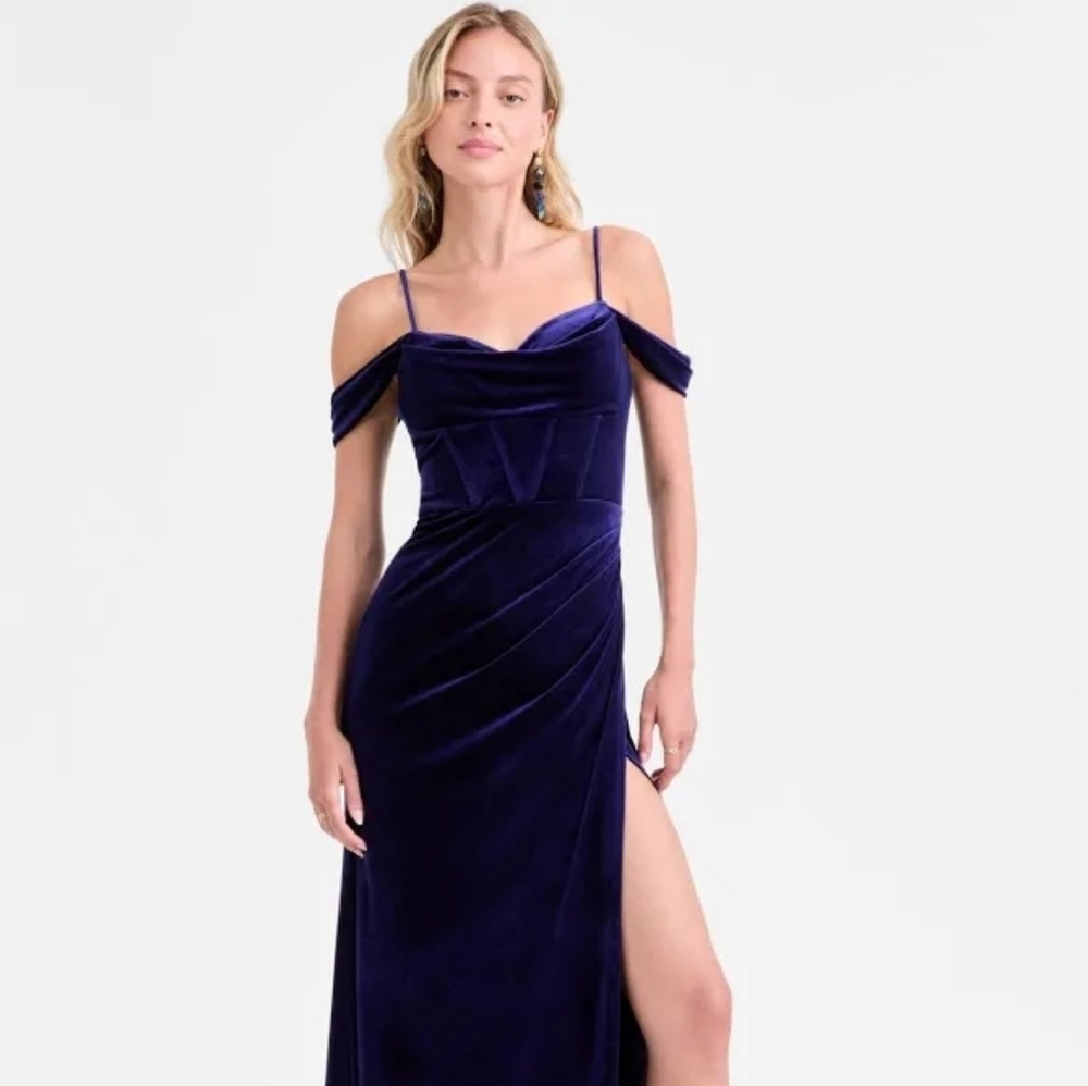 B Darlin Blue Velvet Off Shoulder Maxi Gown Sz 8 | Prom, Formal, Wedding, Party
